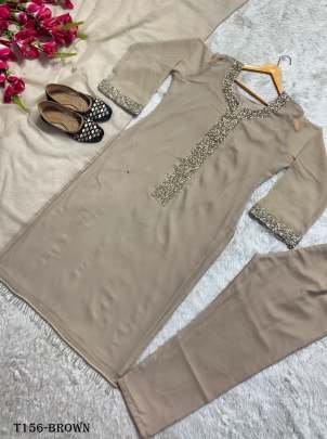 Fancy Brown Georgette Moti Hand Work Kurti Pant Set