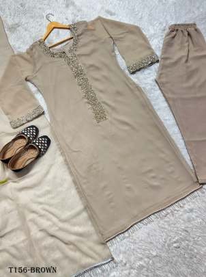 Fancy Brown Georgette Moti Hand Work Kurti Pant Set