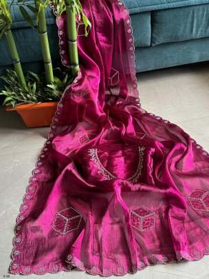 Fancy Burburry Hot Pink Diamond Cut Work Saree