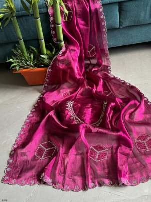 Fancy Burburry Hot Pink Diamond Cut Work Saree