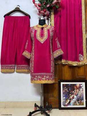 Fancy Dark Pink Chinon Silk Kurti Pant Dupatta Set