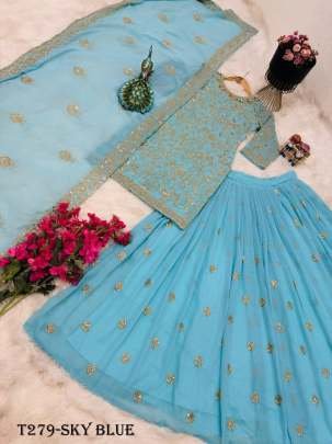 Fancy Embroidery Work Sky Blue Georgette Lehenga Set