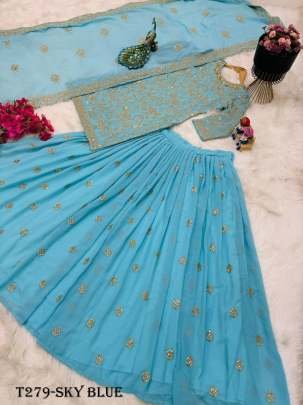 Fancy Embroidery Work Sky Blue Georgette Lehenga Set