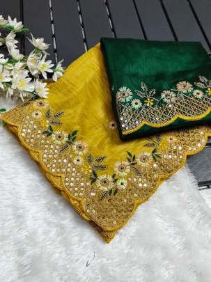 Fancy Embroidery Work Yellow Saree