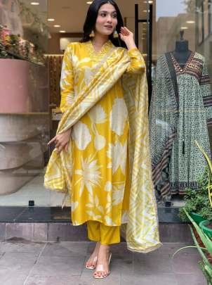 Fancy Flower Printed Kurtis Pant Set With Dupatta With Neck Work