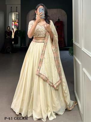 Fancy Georgette Cream Lehenga Choli  With Sequence Work Blouse