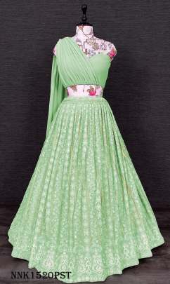 Fancy Georgette One Shoulder Pista Crop Top Lehenga