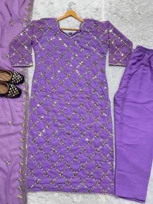 Fancy Georgette Sequence Embroidered Lavender Color Kurti Pant With Dupatta