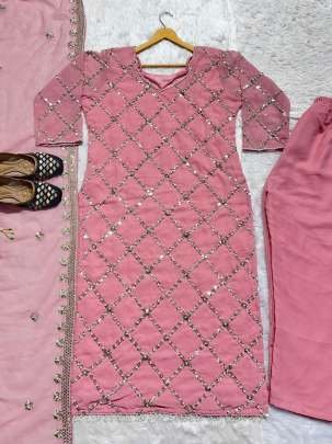 Fancy Georgette Sequence Embroidered Baby Pink Color Kurti Pant With Dupatta