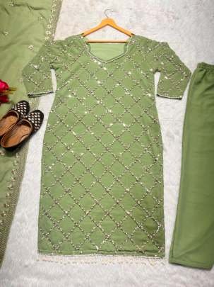 Fancy Georgette Sequence Embroidered Light Green Color Kurti Pant With Dupatta