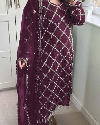 Fancy Georgette Sequence Embroidered Wine Color Kurti Pant With Dupatta