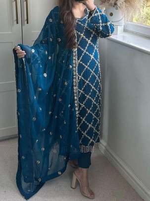 Fancy Georgette Sequence Embroidered Blue Color Kurti Pant With Dupatta