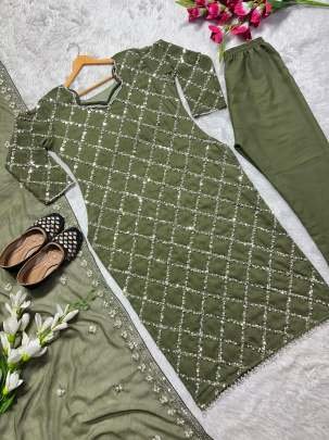 Fancy Georgette Sequence Embroidered Mehendi Color Kurti Pant With Dupatta