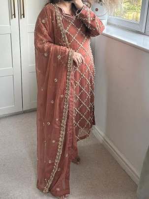 Fancy Georgette Sequence Embroidered Brown Color Kurti Pant With Dupatta