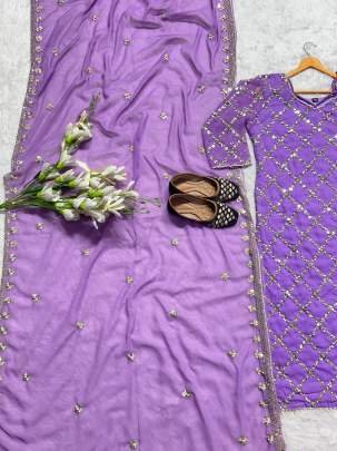 Fancy Georgette Sequence Embroidered Lavender Color Kurti Pant With Dupatta