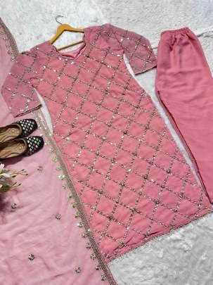 Fancy Georgette Sequence Embroidered Baby Pink Color Kurti Pant With Dupatta