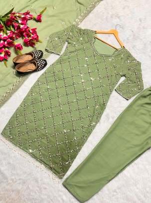 Fancy Georgette Sequence Embroidered Light Green Color Kurti Pant With Dupatta