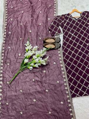 Fancy Georgette Sequence Embroidered Wine Color Kurti Pant With Dupatta