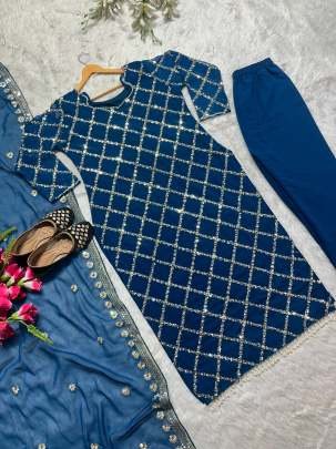 Fancy Georgette Sequence Embroidered Blue Color Kurti Pant With Dupatta