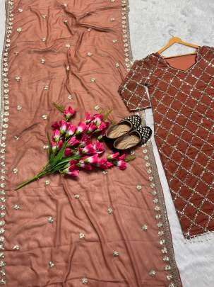 Fancy Georgette Sequence Embroidered Brown Color Kurti Pant With Dupatta