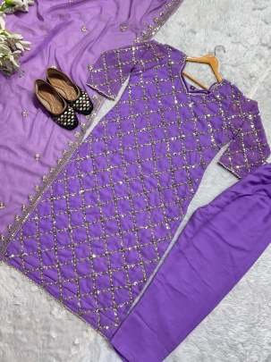 Fancy Georgette Sequence Embroidered Lavender Color Kurti Pant With Dupatta