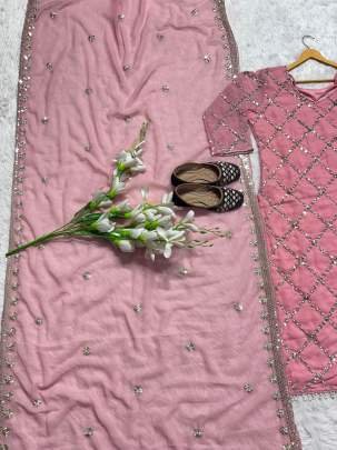 Fancy Georgette Sequence Embroidered Baby Pink Color Kurti Pant With Dupatta