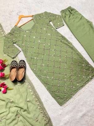 Fancy Georgette Sequence Embroidered Light Green Color Kurti Pant With Dupatta