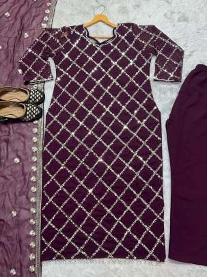 Fancy Georgette Sequence Embroidered Wine Color Kurti Pant With Dupatta