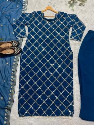 Fancy Georgette Sequence Embroidered Blue Color Kurti Pant With Dupatta