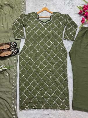 Fancy Georgette Sequence Embroidered Mehendi Color Kurti Pant With Dupatta