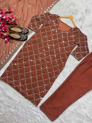Fancy Georgette Sequence Embroidered Brown Color Kurti Pant With Dupatta