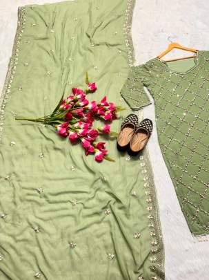 Fancy Georgette Sequence Embroidered Light Green Color Kurti Pant With Dupatta