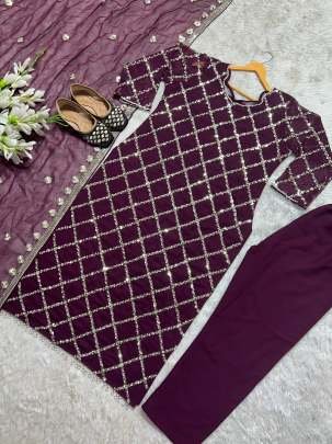 Fancy Georgette Sequence Embroidered Wine Color Kurti Pant With Dupatta