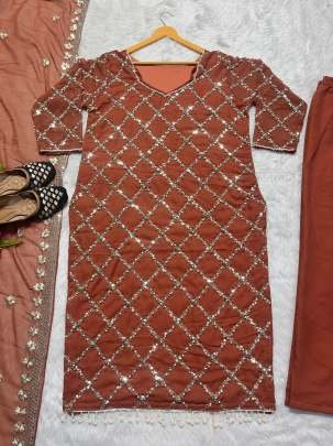 Fancy Georgette Sequence Embroidered Brown Color Kurti Pant With Dupatta