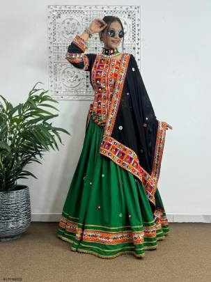 Fancy Green Navaratri Embroidered Lehenga Choli With Real Mirror Hand Work