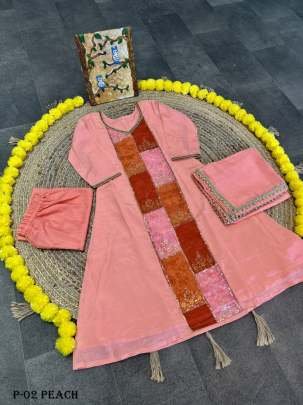 Fancy Heavy Peach Chinon Kurti Pant Set With Dupatta