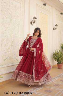 Fancy Maroon Embroidery Gown With Dupatta