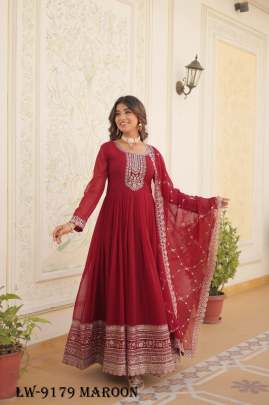 Fancy Maroon Embroidery Gown With Dupatta
