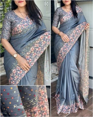 Fancy matt sequin khatha work Digital printed saree 