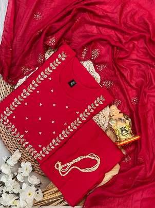 Fancy Muslin Silk Red Kurtis With Hand Work