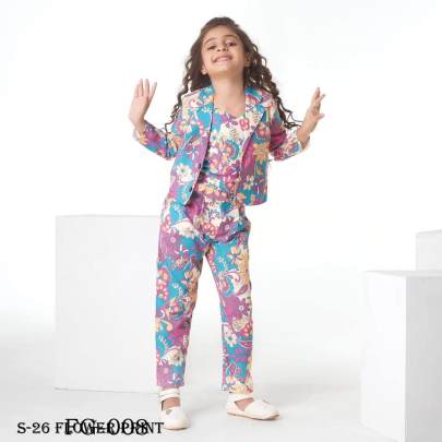 Fancy Party Wear Flower Print Kids Crop Top And Pant With Blazer