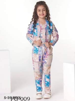 Fancy Party Wear Flower Print Kids Crop Top And Pant With Blazer