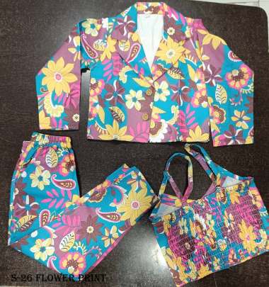 Fancy Party Wear Flower Print Kids Crop Top And Pant With Blazer