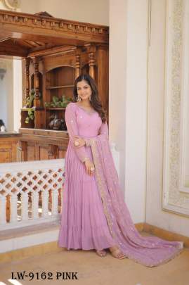 Fancy Faux Georgette Pink Gown With Dupatta