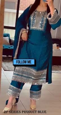 Fancy Pure Heavy Chinnon Silk Blue Suit