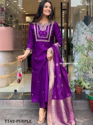 Fancy Purple Chanderi Silk Fully Stitched Suit Set