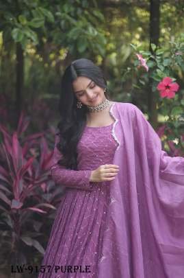 Fancy Faux Georgette Purple Embroidery Gown
