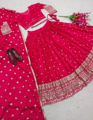 Fancy Satin Silk Embroidery Work Pink Lehenga Choli With Dupatta