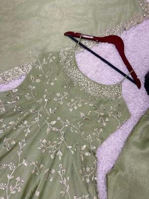 Fancy Silk Green Embroidery Sequence Work Sleeveless Anarkali Suit