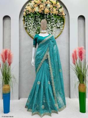 Fancy Sky Blue Tibby Silk Saree With Digital Print 